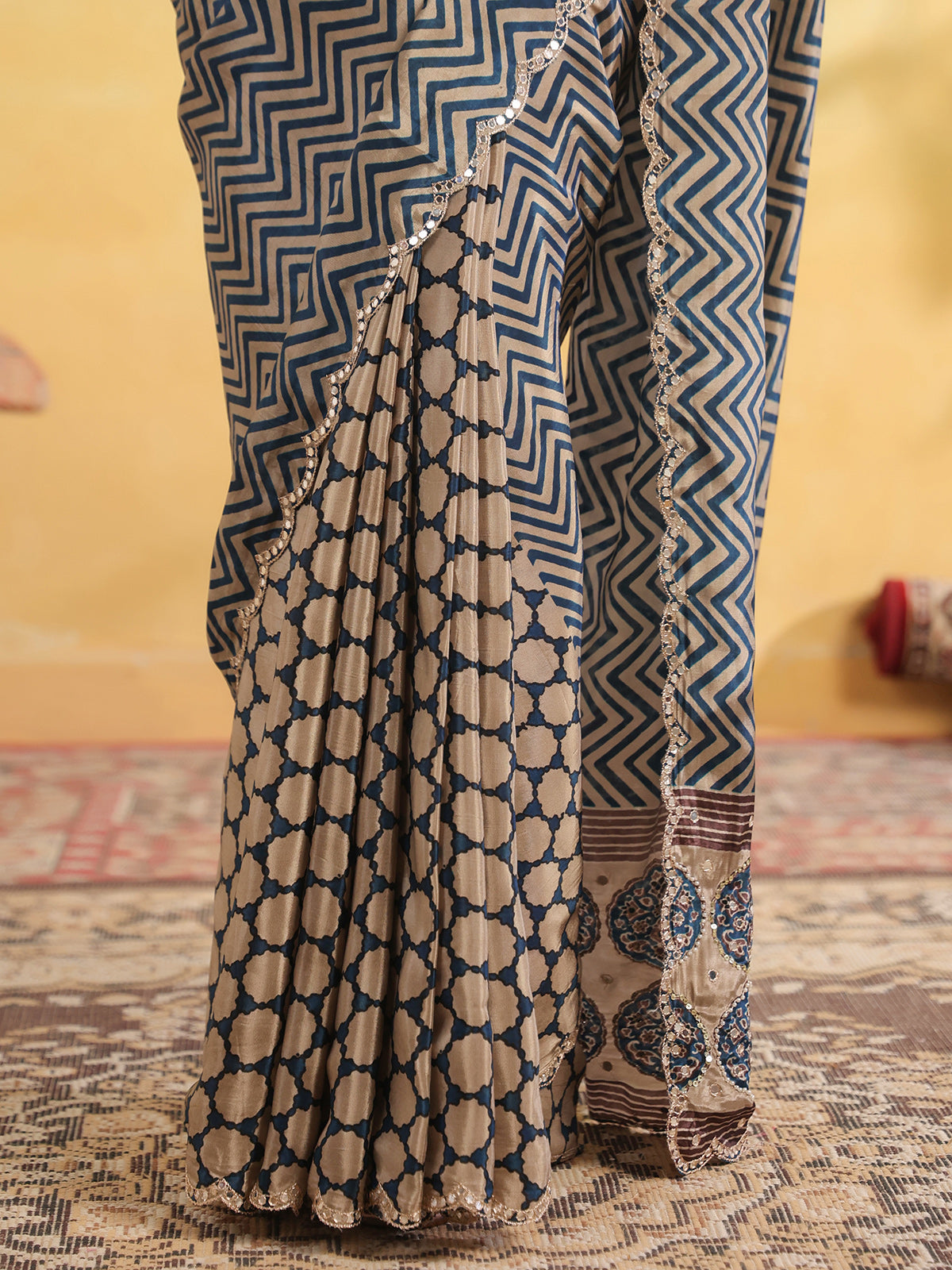 Indigo blue chevron printed saree for women