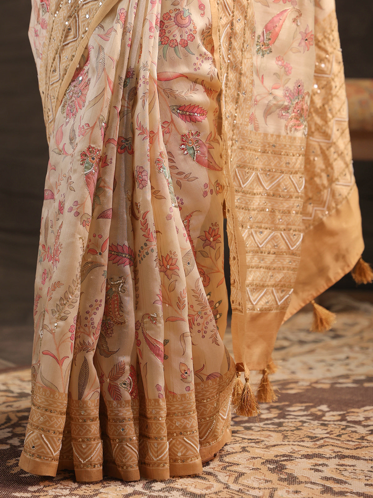 Cream champagne gold kalamkari saree for women