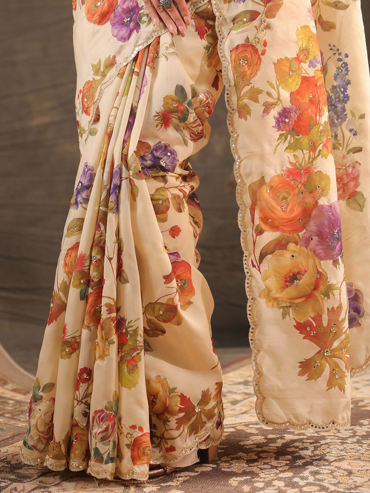 Cream floral embellished tussar saree for women