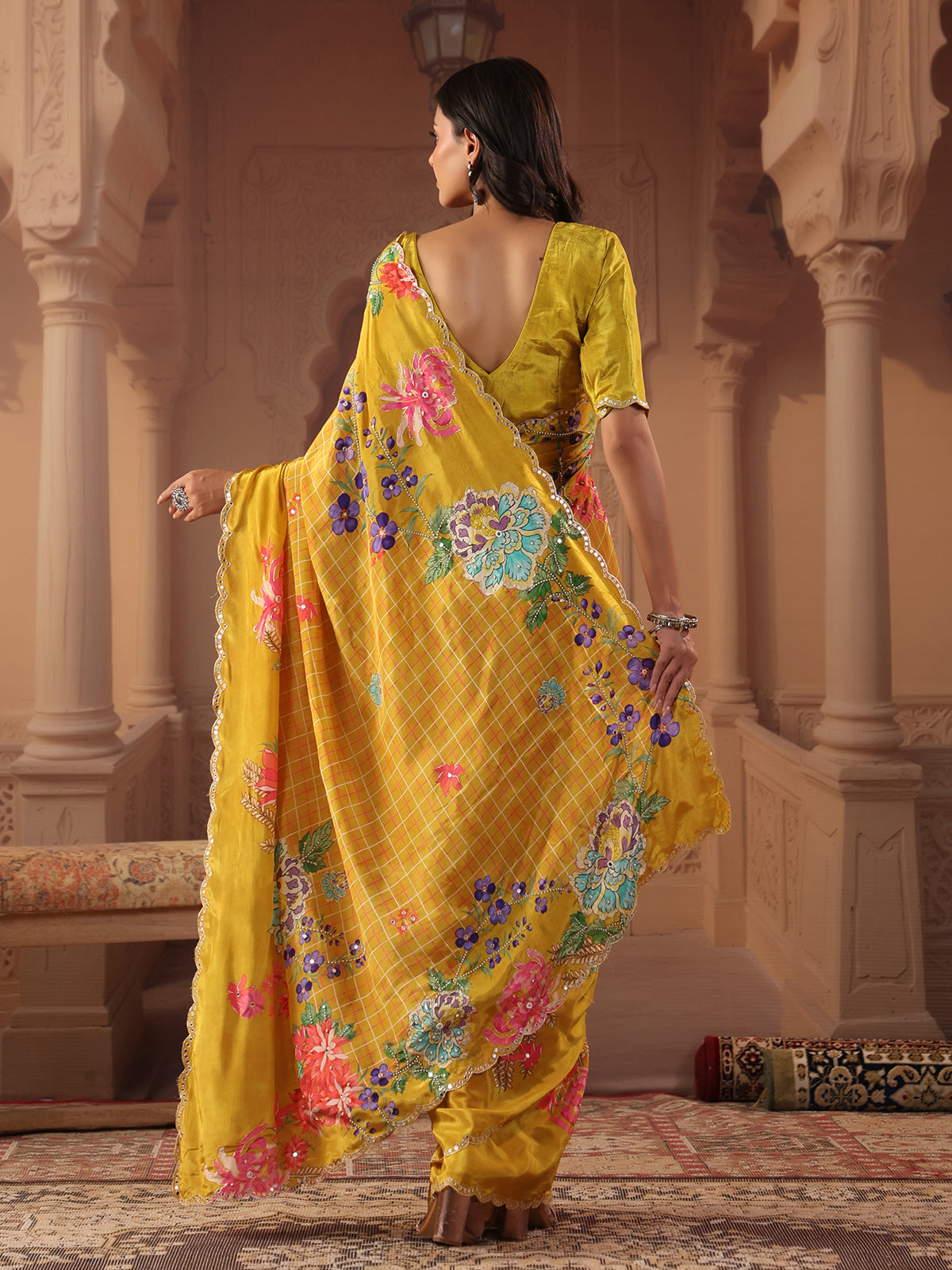 Vibrant mustard yellow fusion printed saree