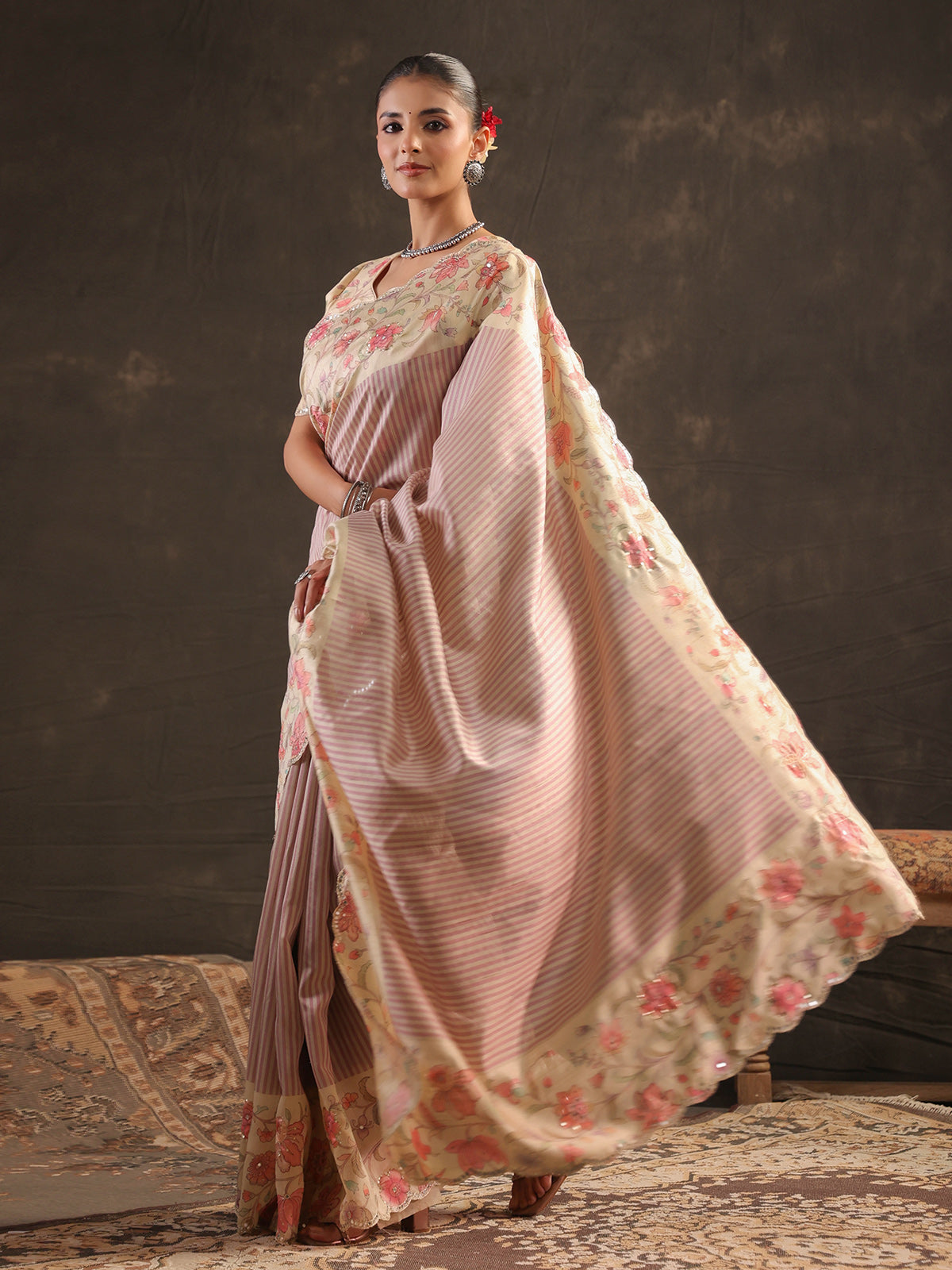 Pastel rose pink floral striped saree