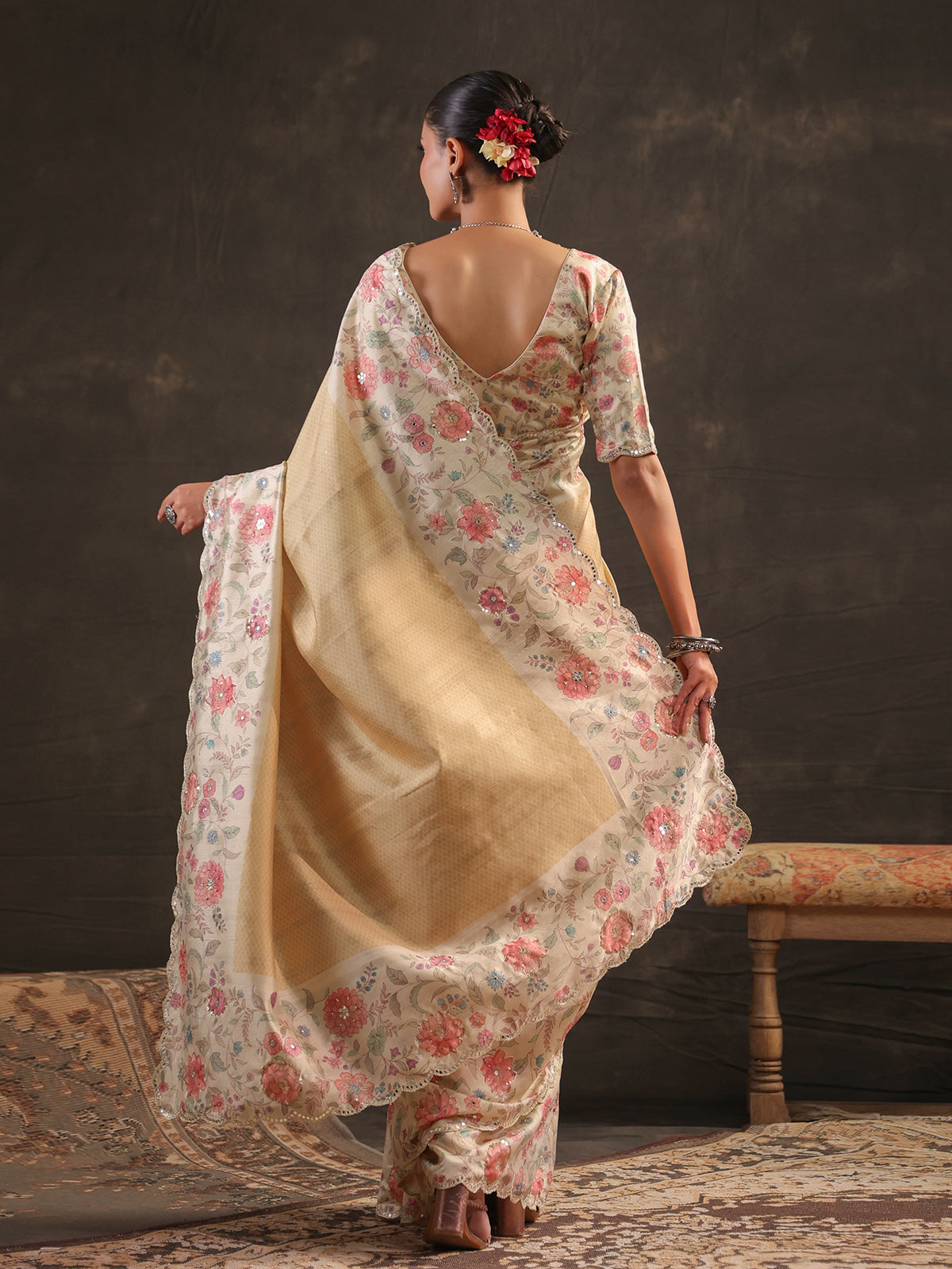 Warm butter yellow floral tussar saree