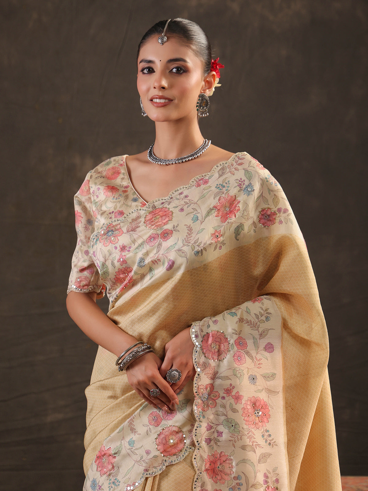 Warm butter yellow floral tussar saree