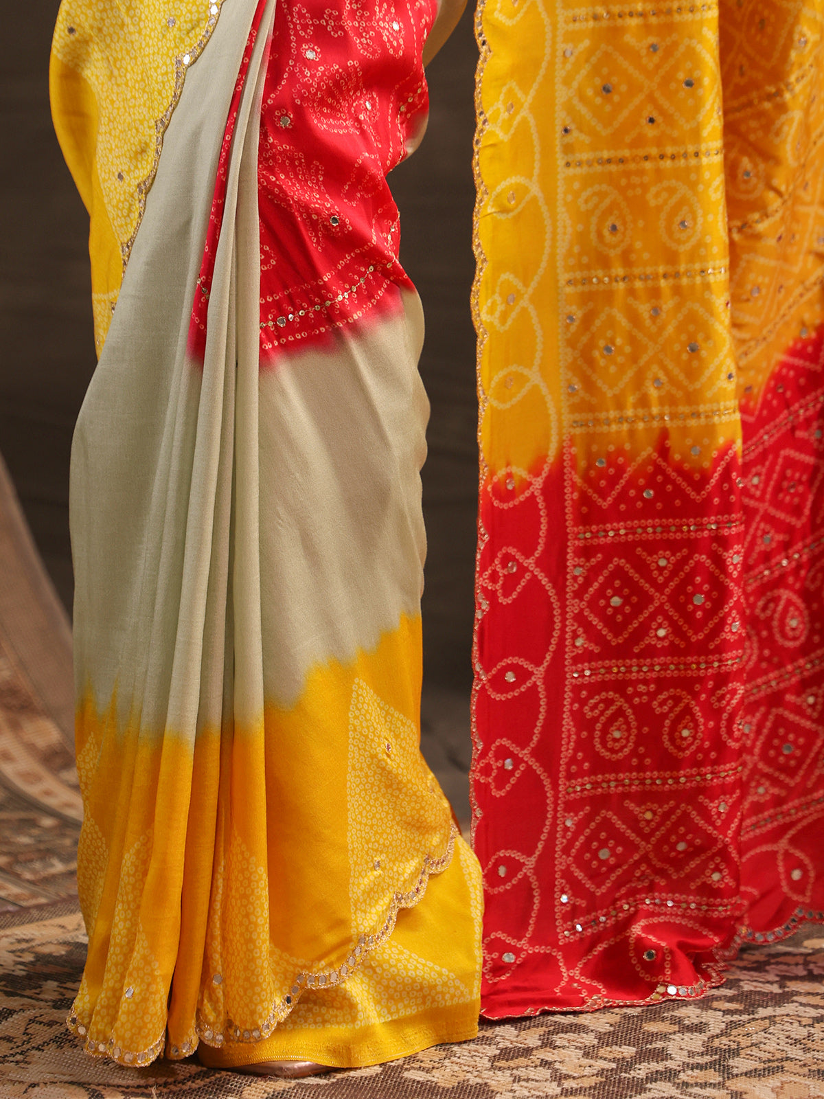 Yellow shaded bandhani printed saree for women