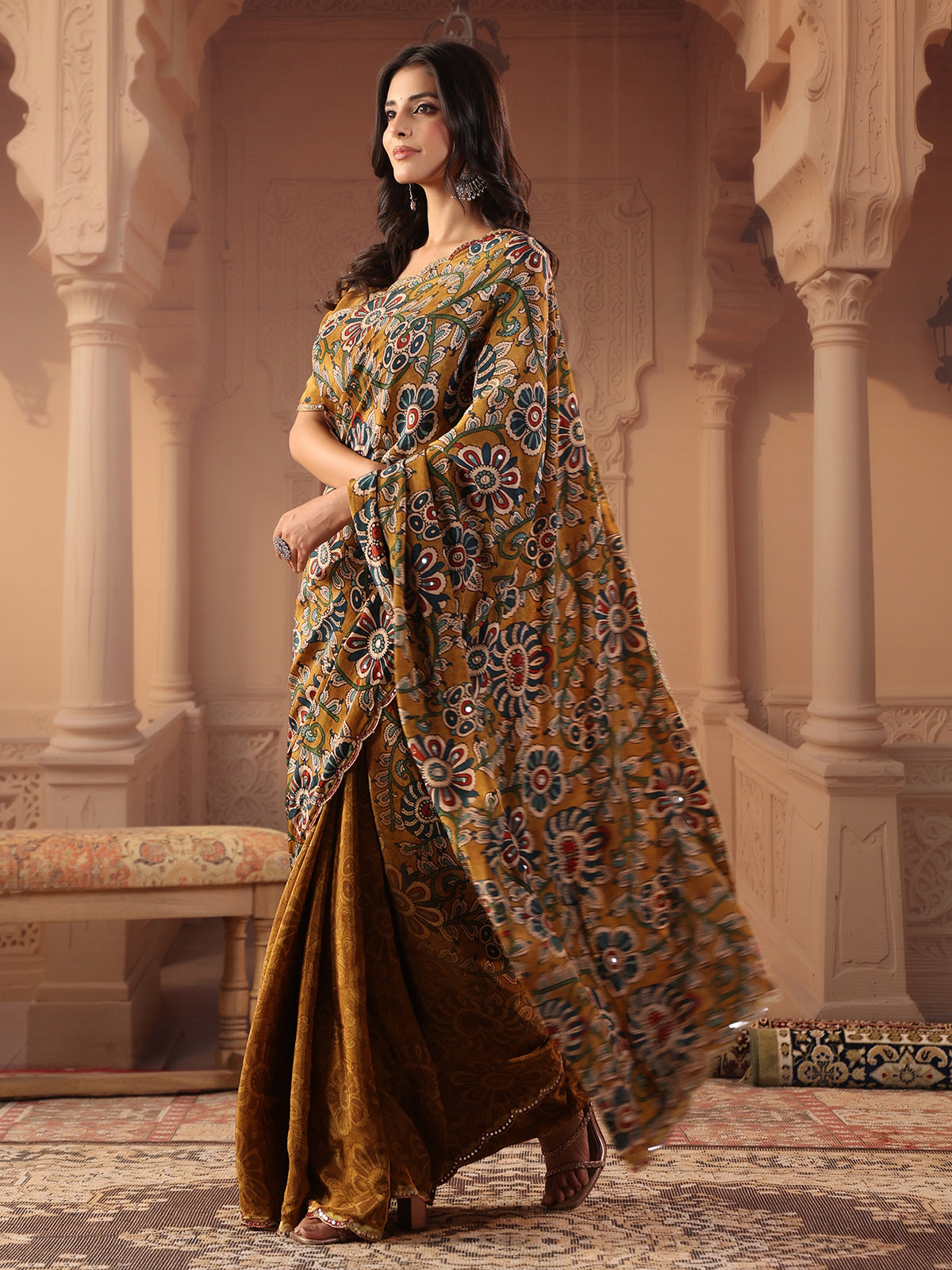 Earthy mustard gold kalamkari saree for women