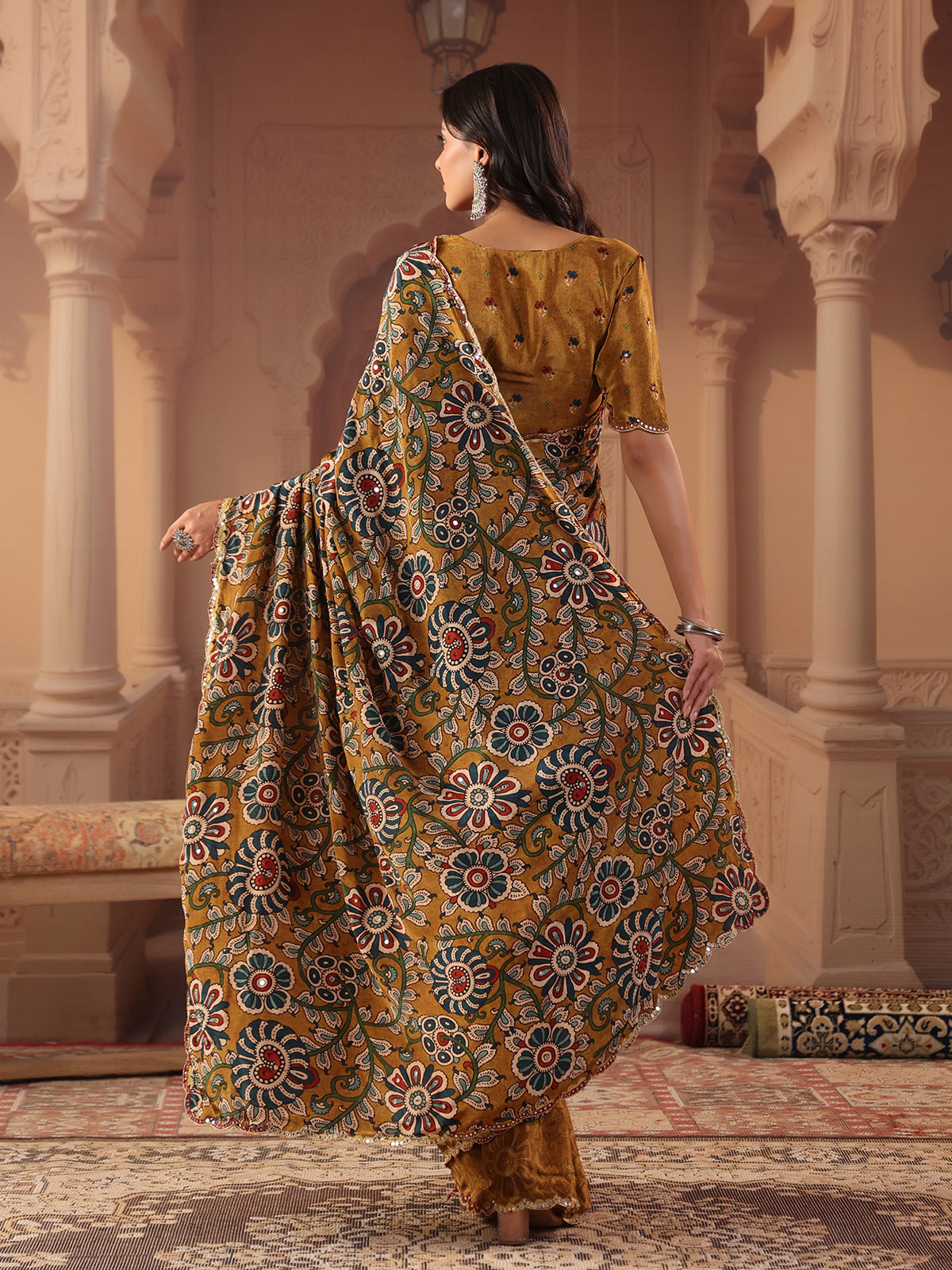 Earthy mustard gold kalamkari saree for women