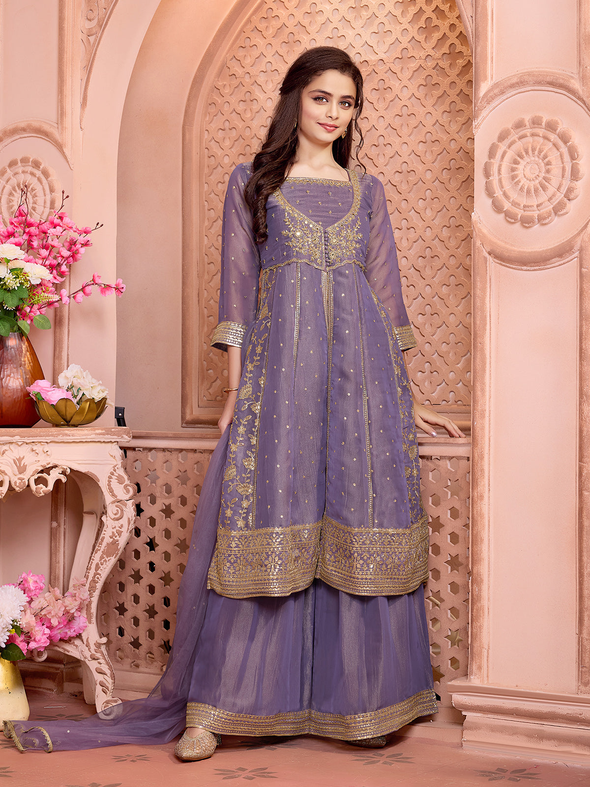 Dusty mauve blue organza girls palazzo suit
