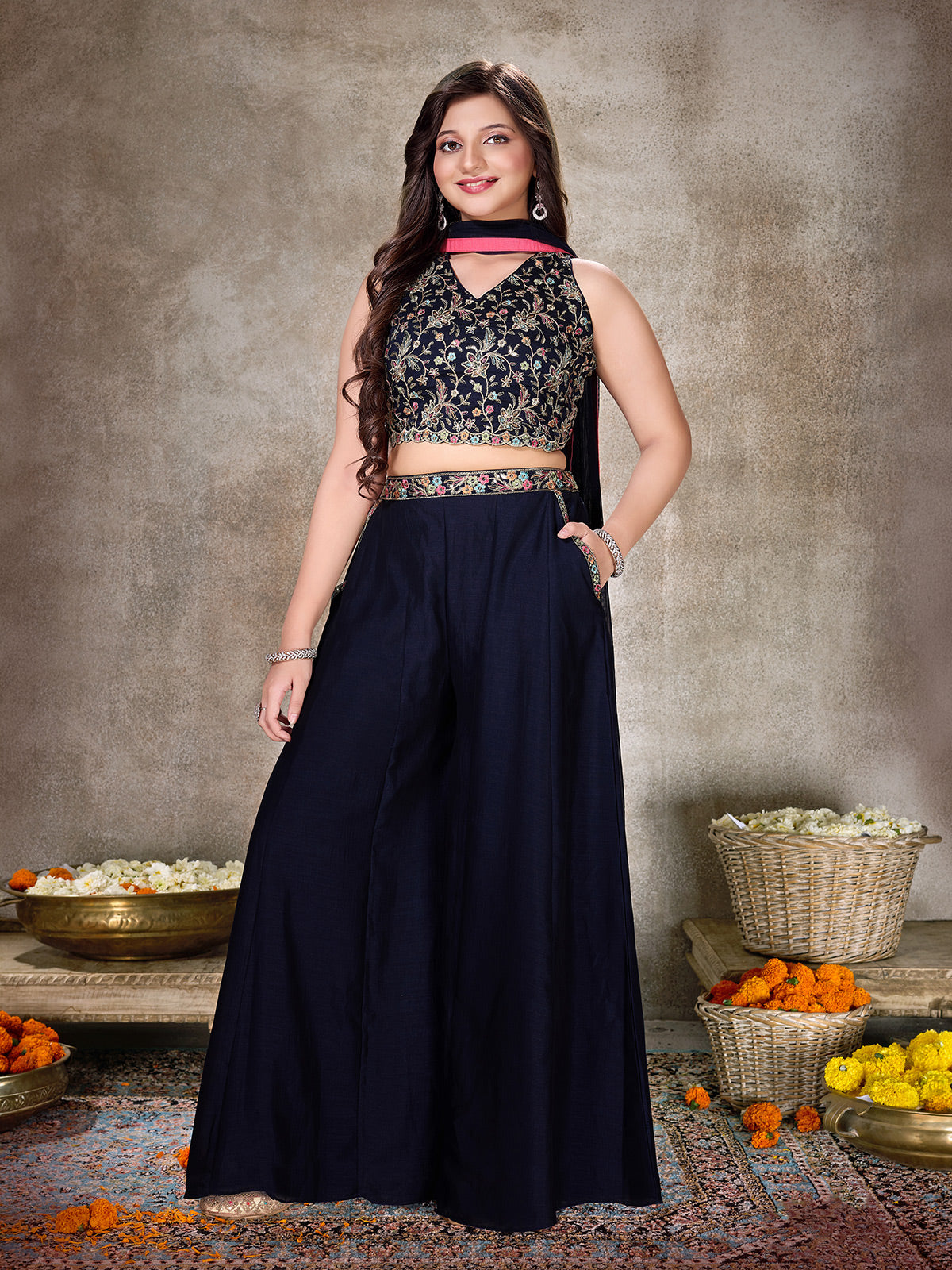 Navy blue floral girls palazzo suit