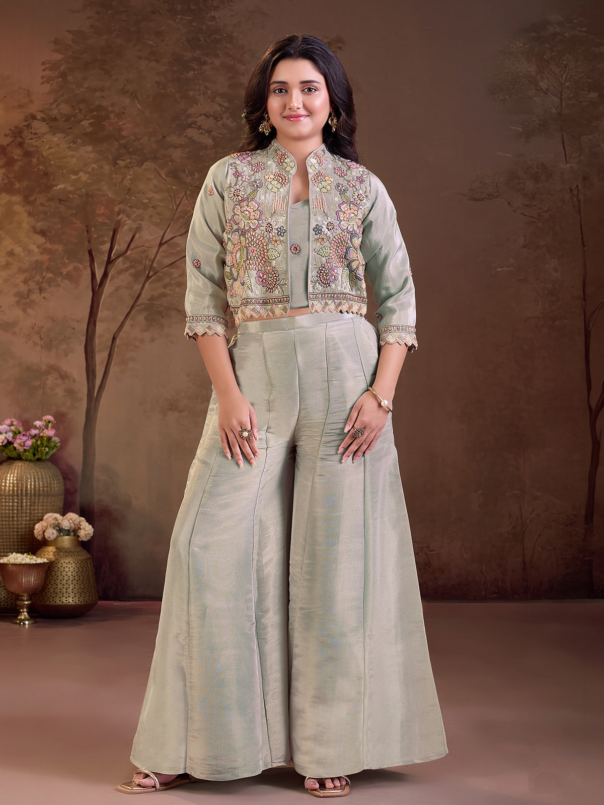 Sage grey floral jacket girls palazzo suit
