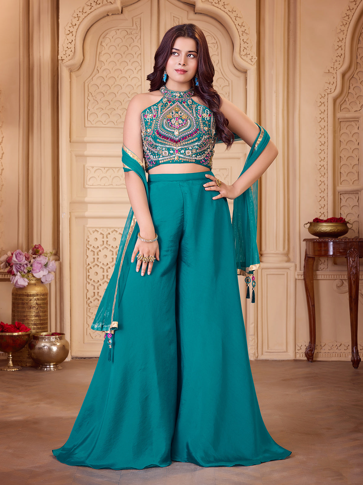 Rama blue embellished girls palazzo suit