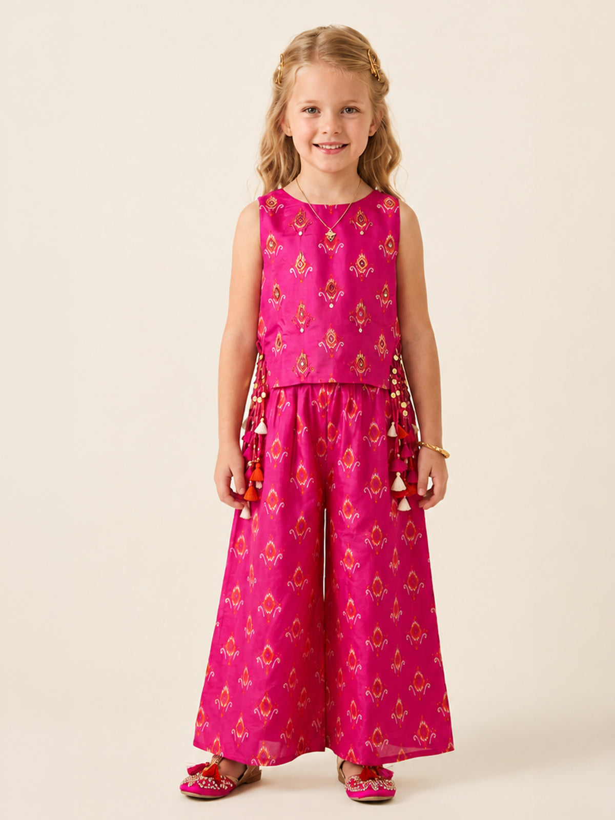 Pink ikat printed girls palazzo suit