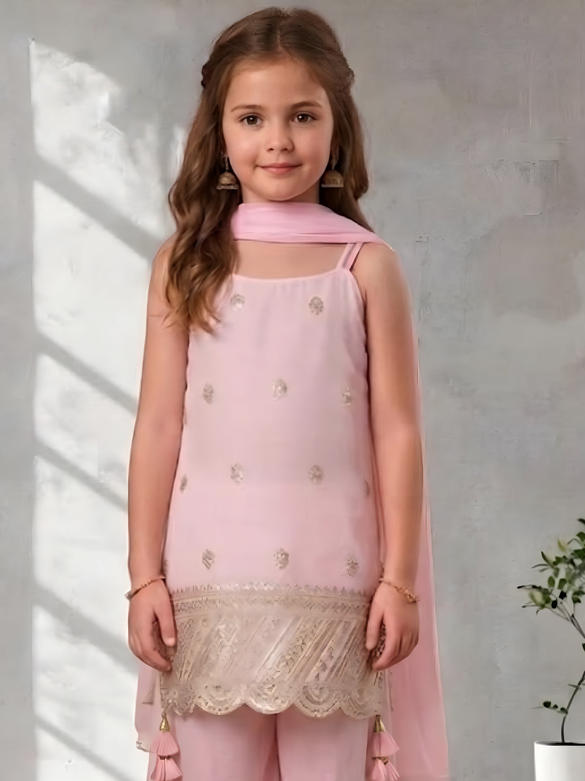 Light pink zari embroidered girls palazzo suit
