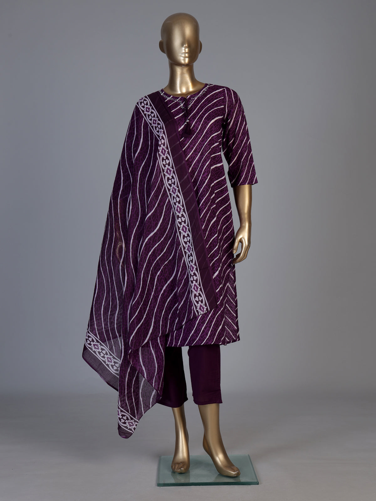Purple silk printed kurti set with graceful dupatta