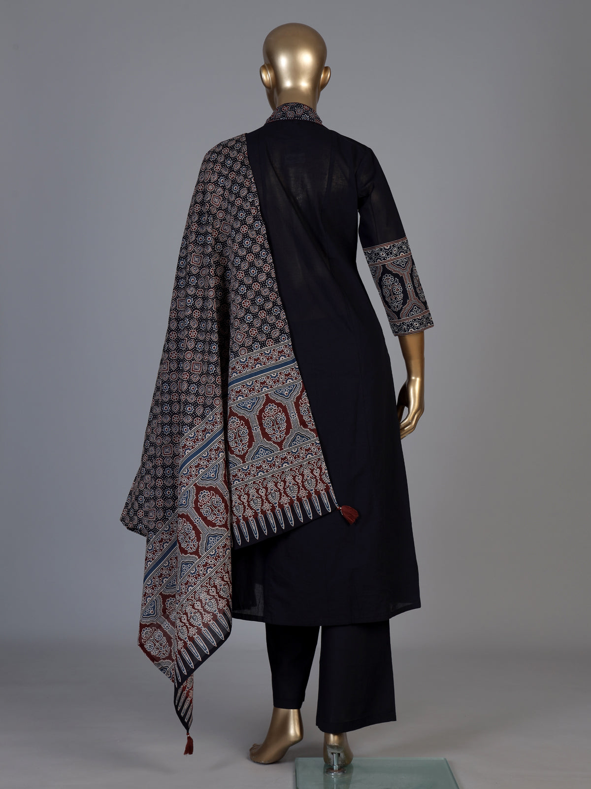 Black cotton blend anarkali kurti set with sparkling traditional accents