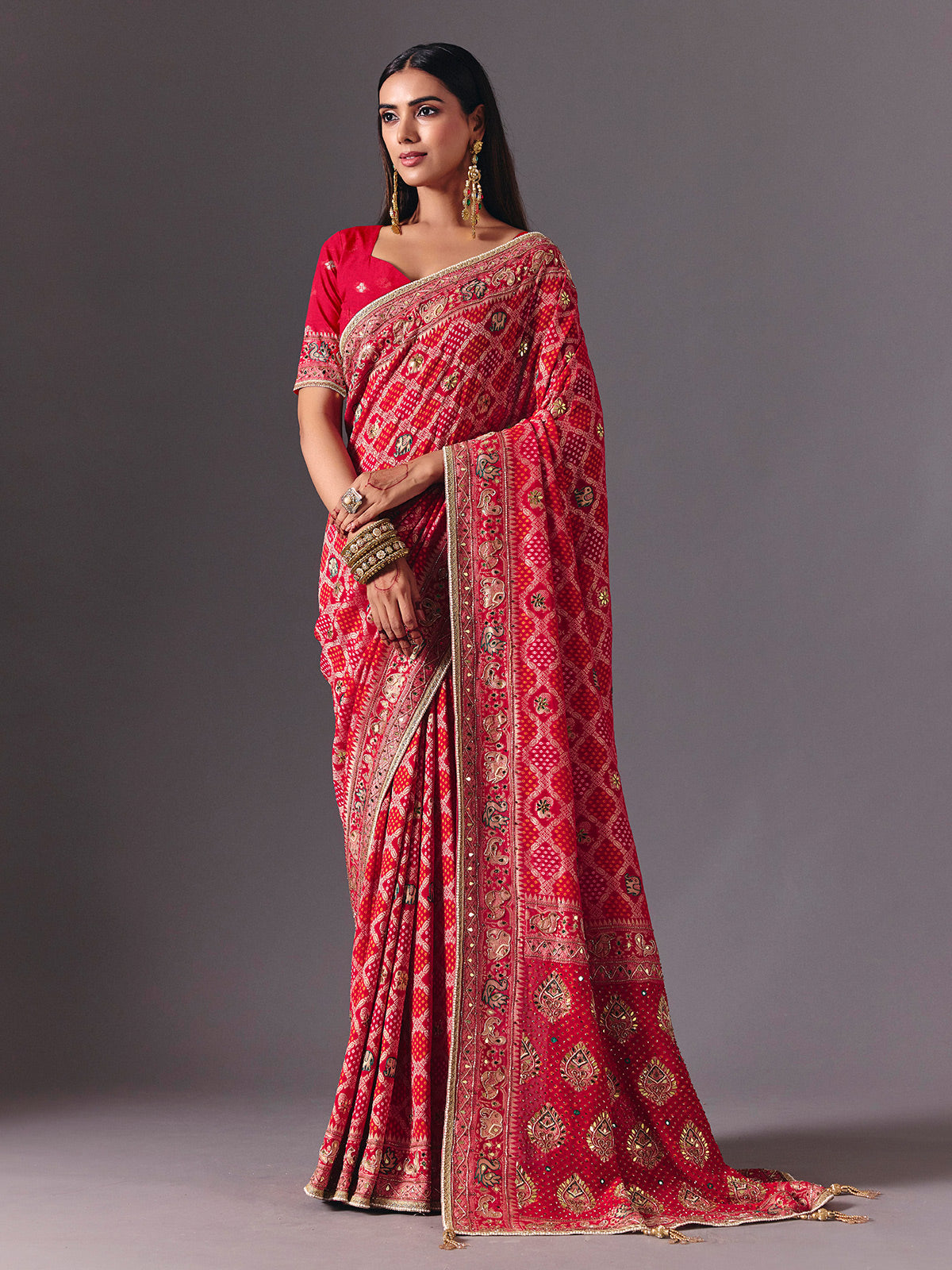 Rani pink georgette saree with bird motif elegance