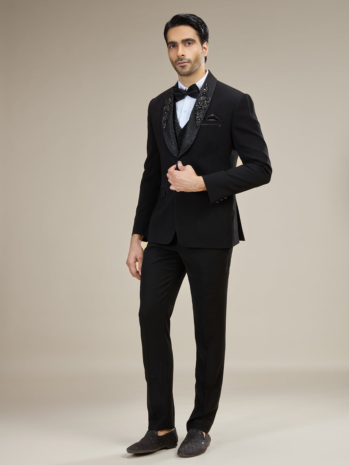 Black sparkle bow tie coat suit with embellished detailing