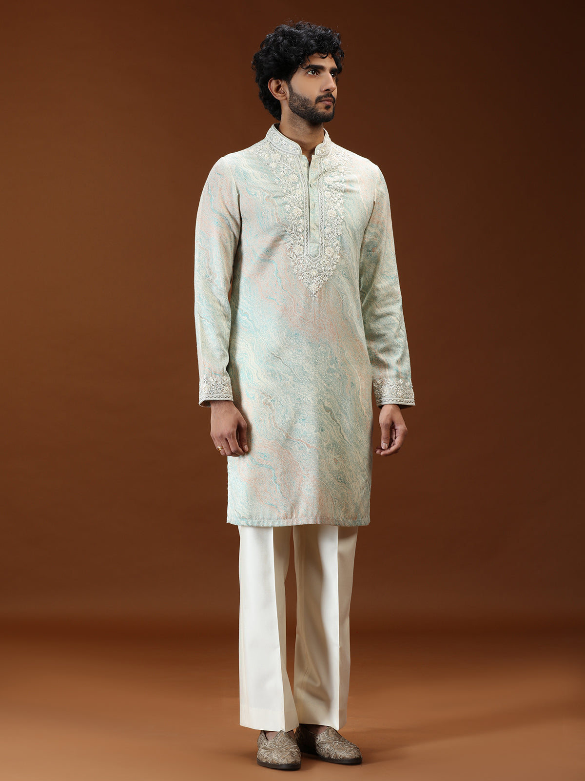 Mint green printed embroidered mens kurta suit