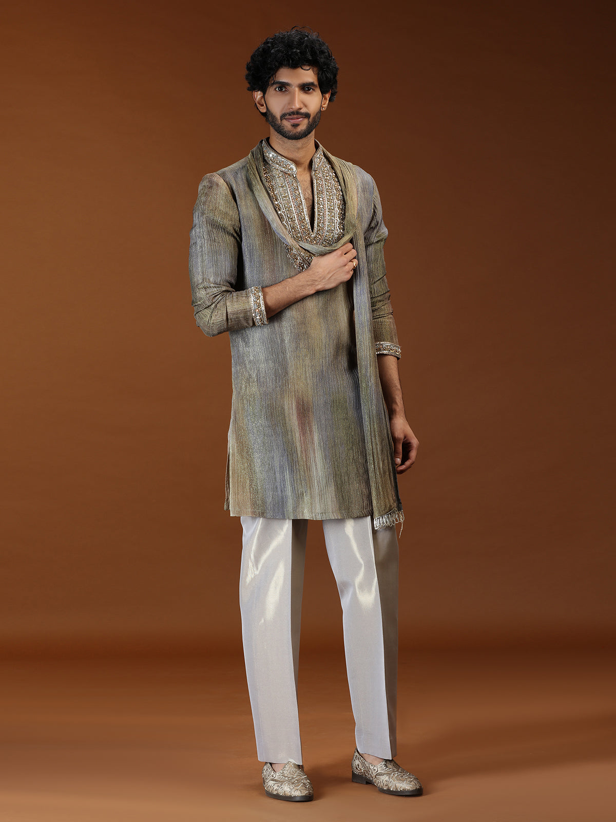 Mint green embellished tissue mens kurta suit
