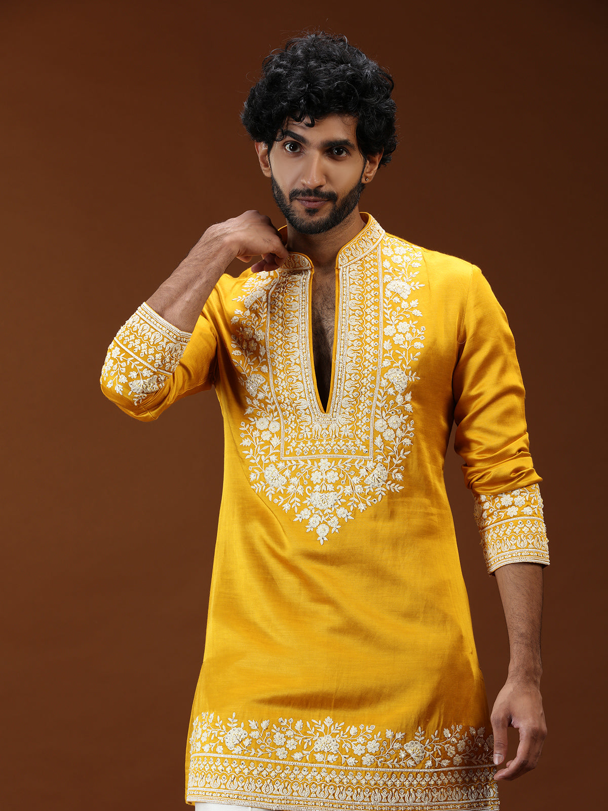 Yellow floral embellished mens kurta suit with dupatta