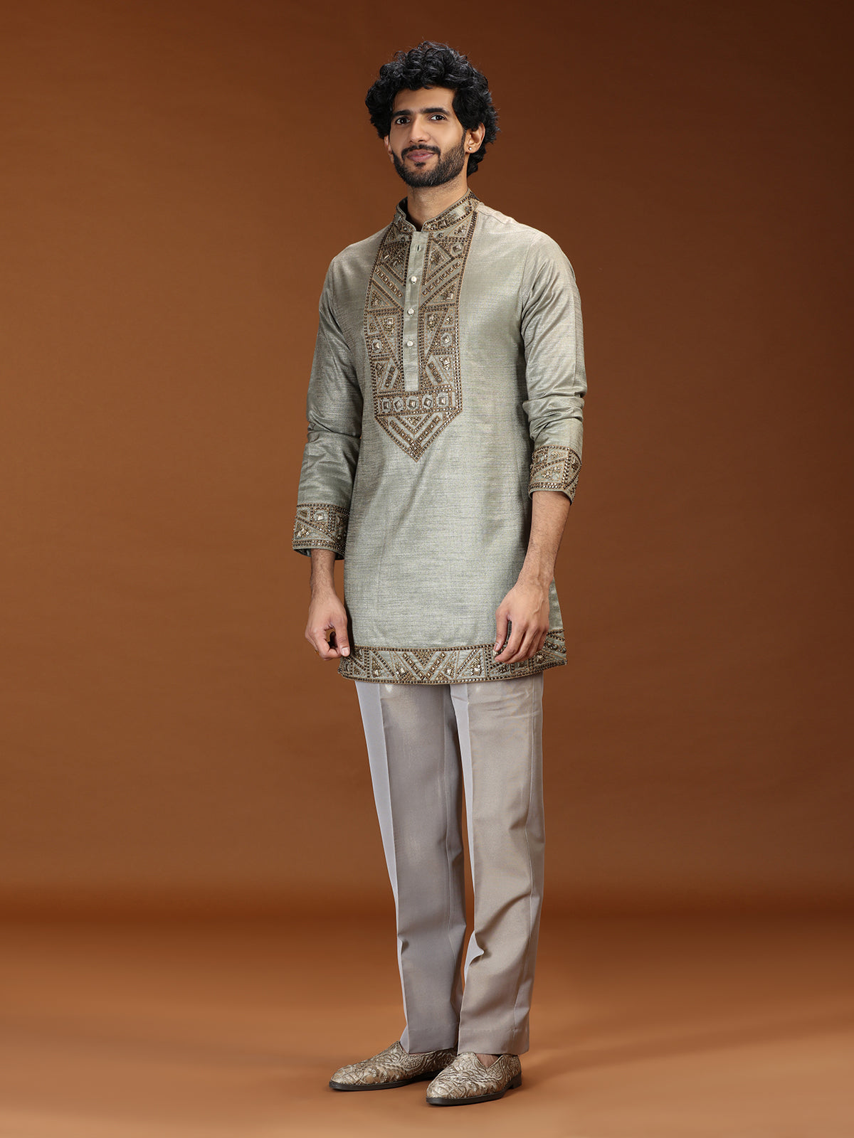 Sage silver geometric embroidered mens kurta suit