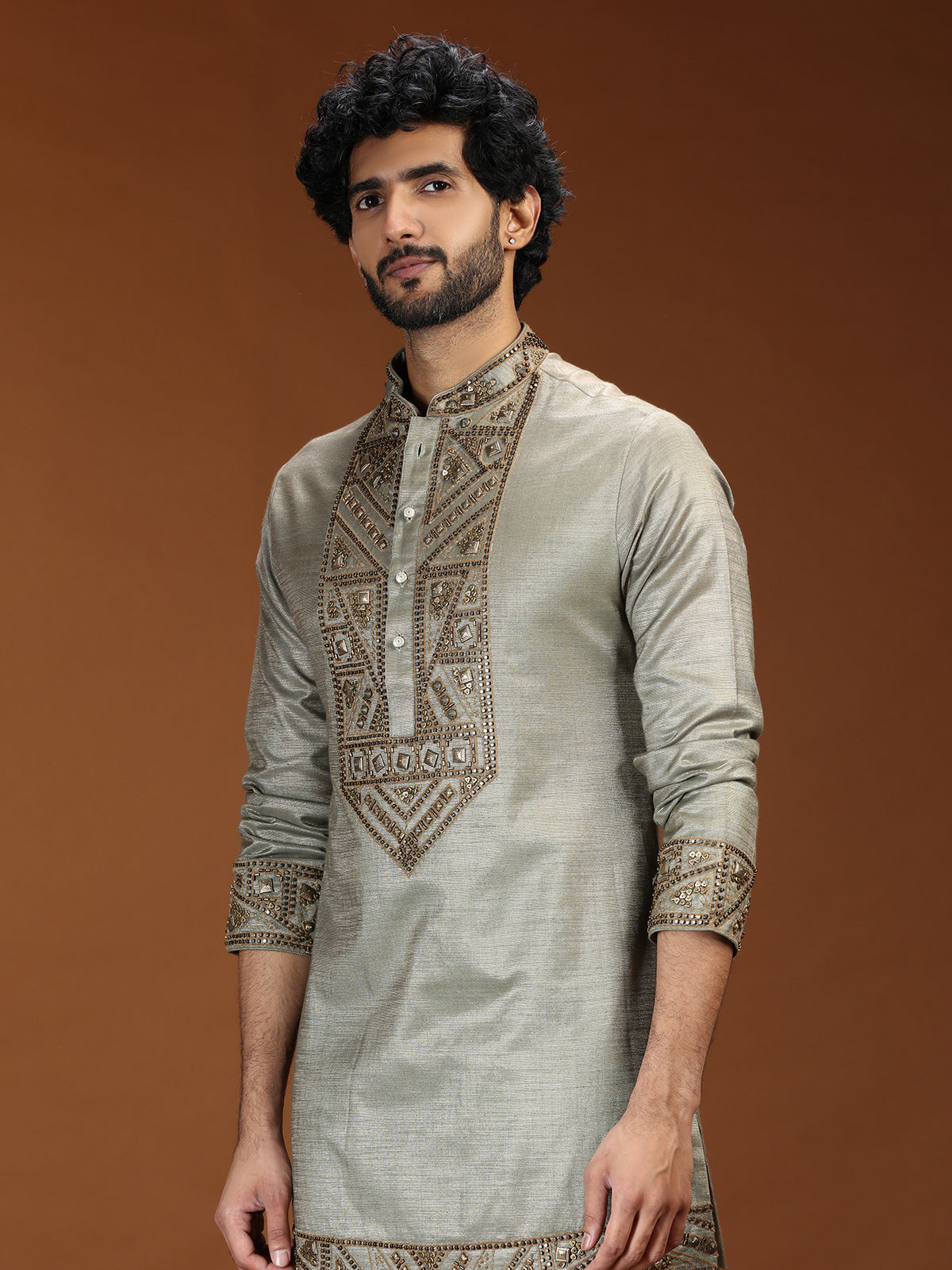 Sage silver geometric embroidered mens kurta suit