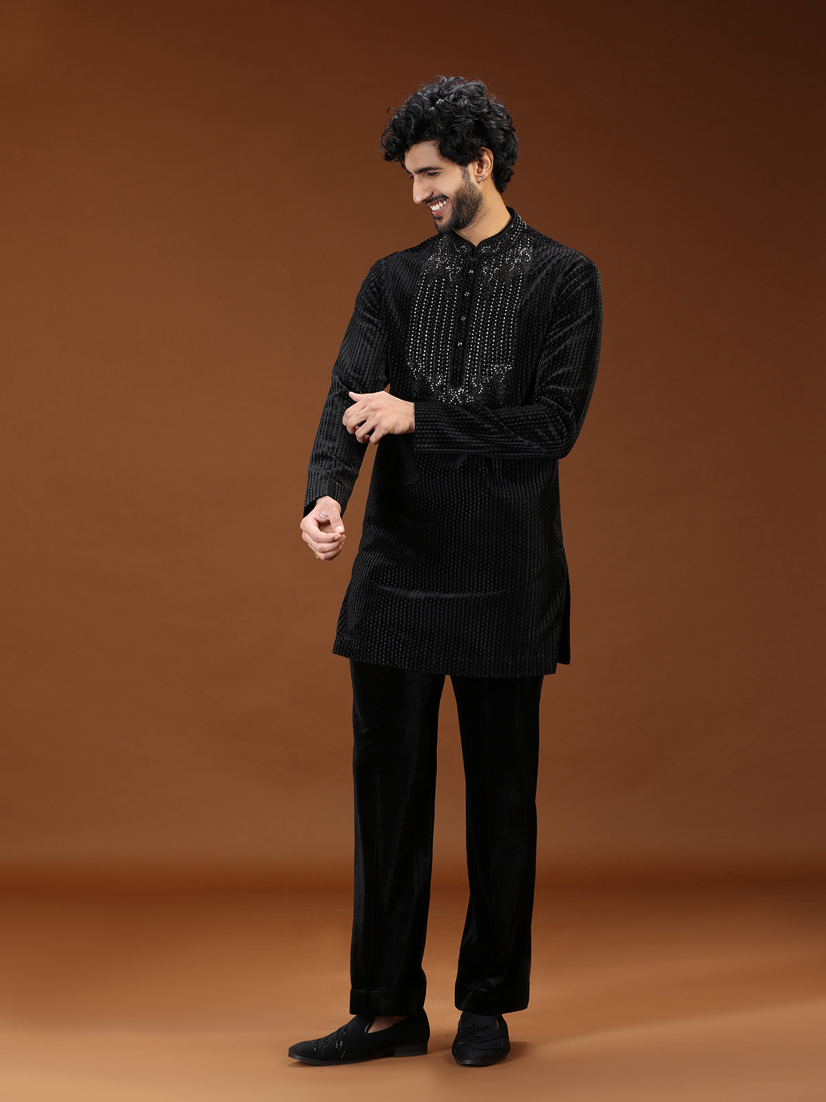 Black crystal embellished mens kurta suit with dupatta