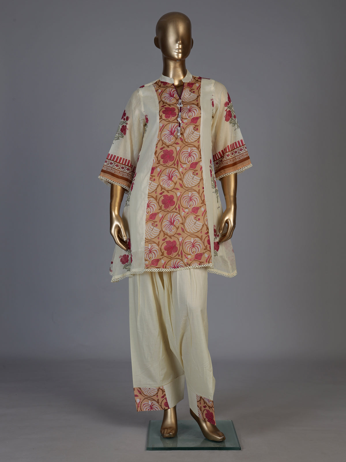 Cream cotton silk kurti set with floral printed elegance