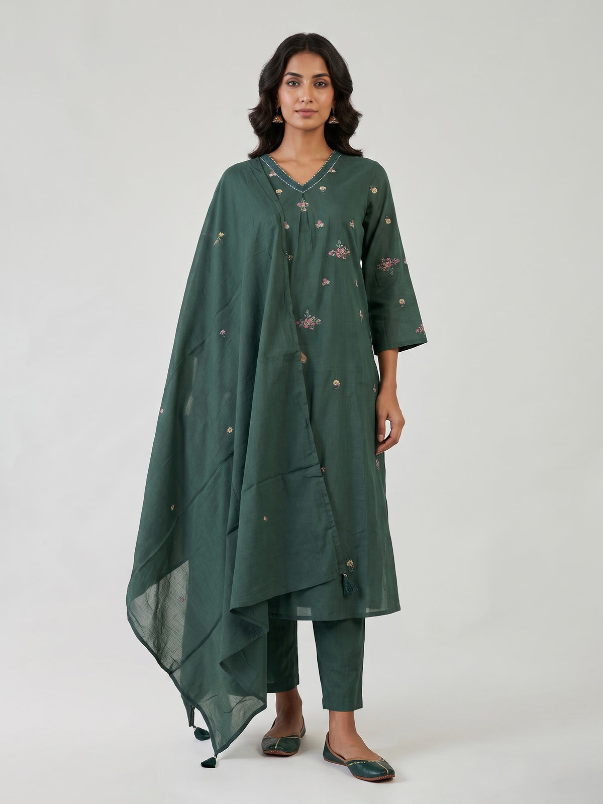 Sage green cotton silk palazzo kurti set with refined embroidery
