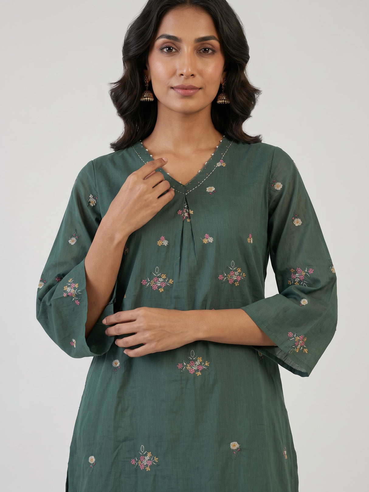 Sage green cotton silk palazzo kurti set with refined embroidery