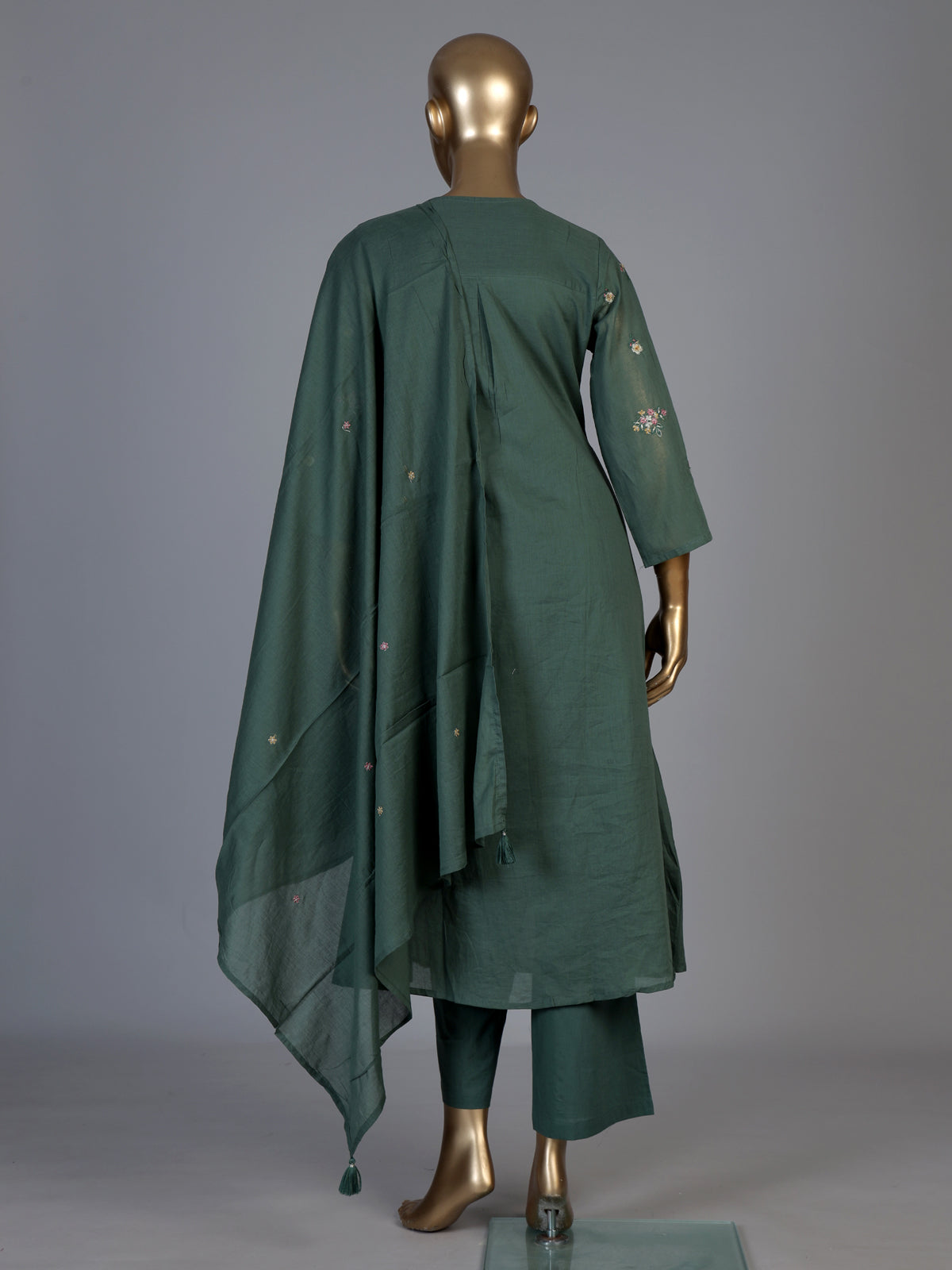 Sage green cotton silk palazzo kurti set with refined embroidery