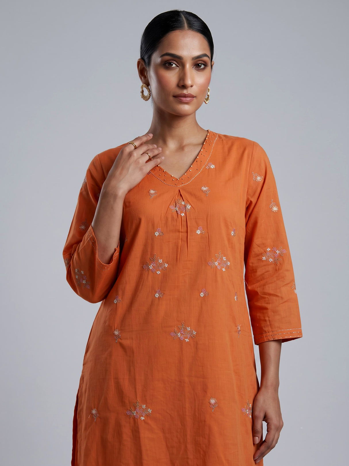 Orange cotton silk palazzo kurti set with elegant embroidery