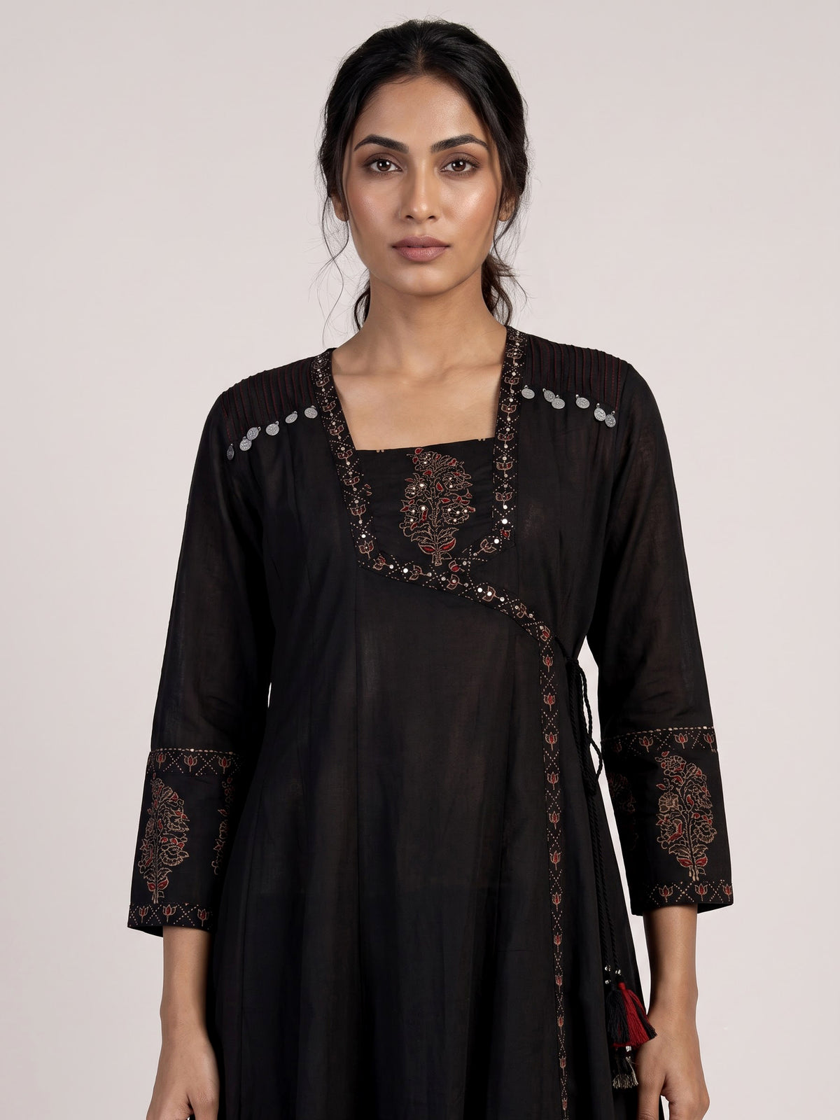 Black cotton silk anarkali kurti set with printed embellishments