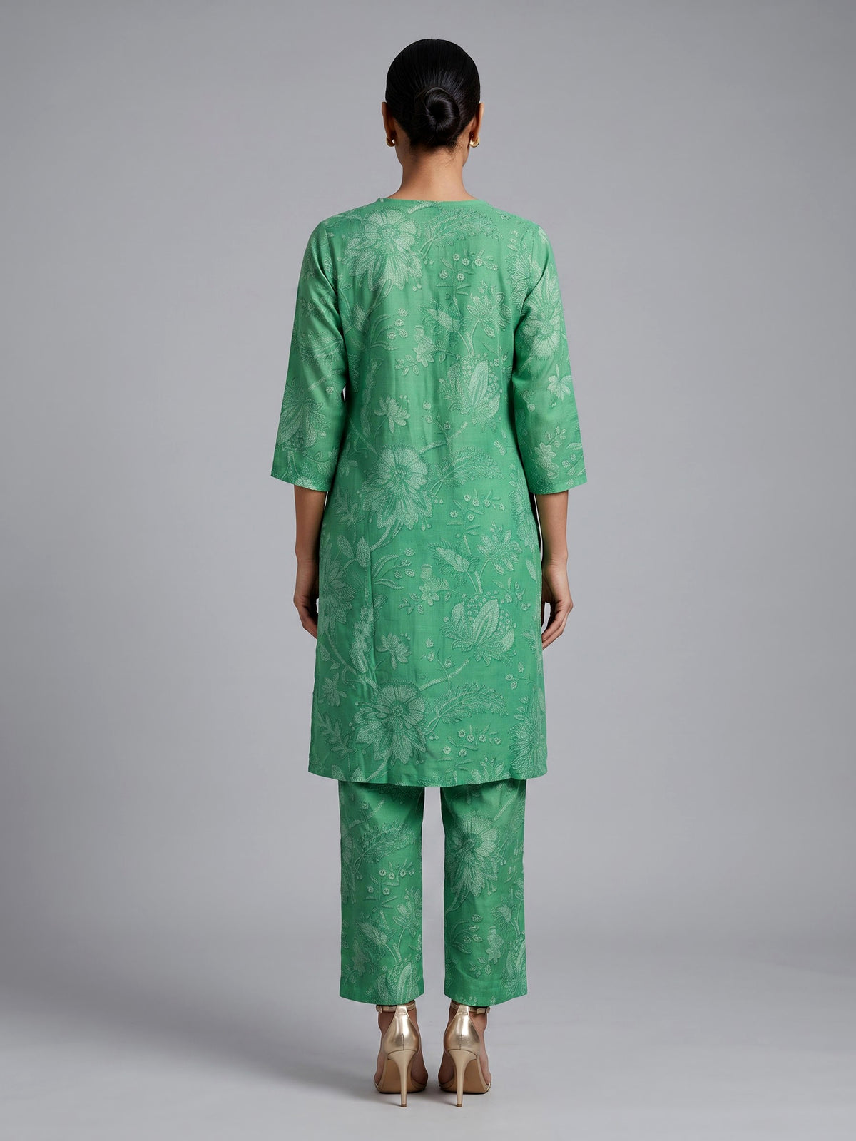 Green cotton silk kurti set with embellished printed neckline