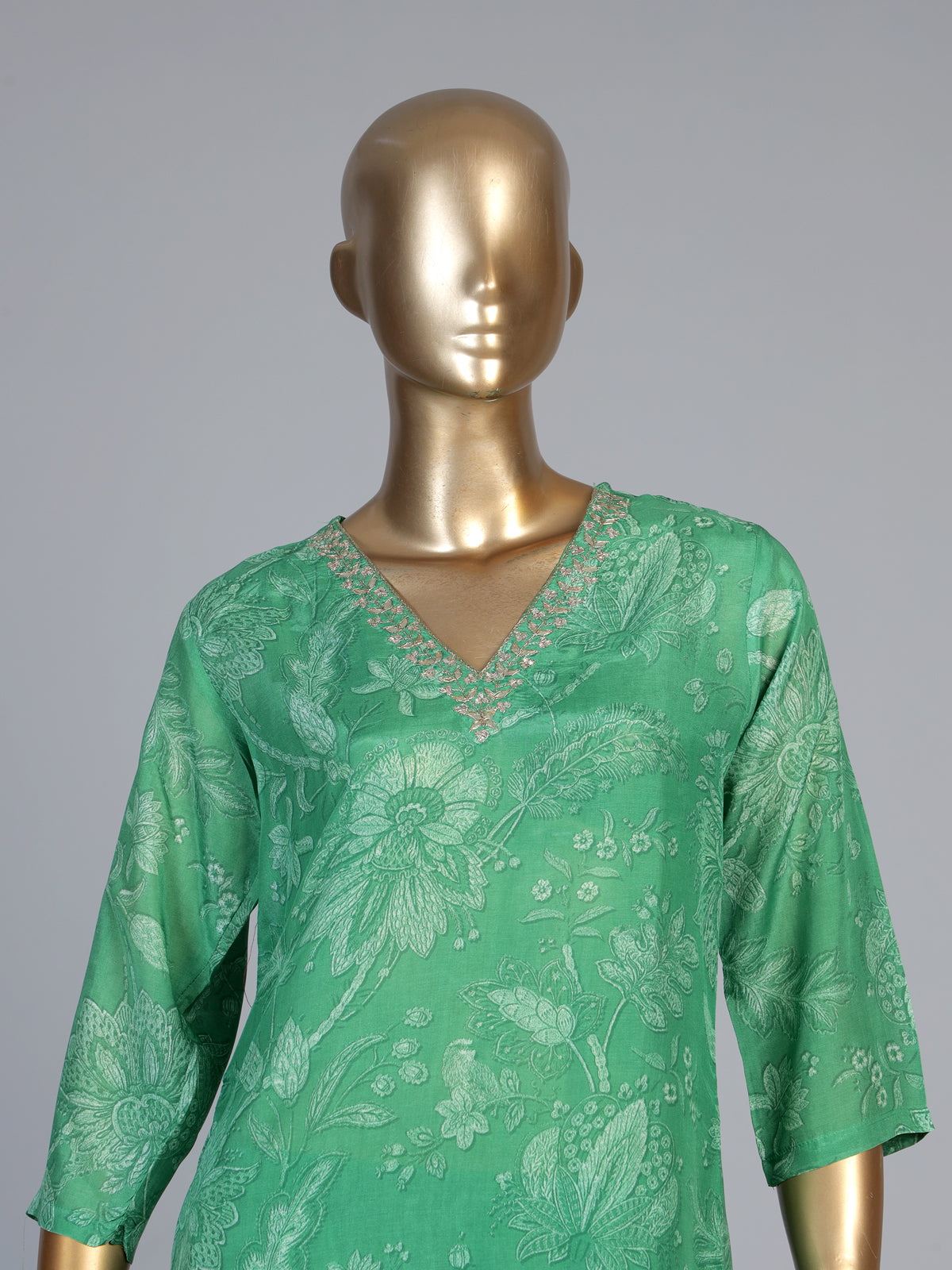 Green cotton silk kurti set with embellished printed neckline