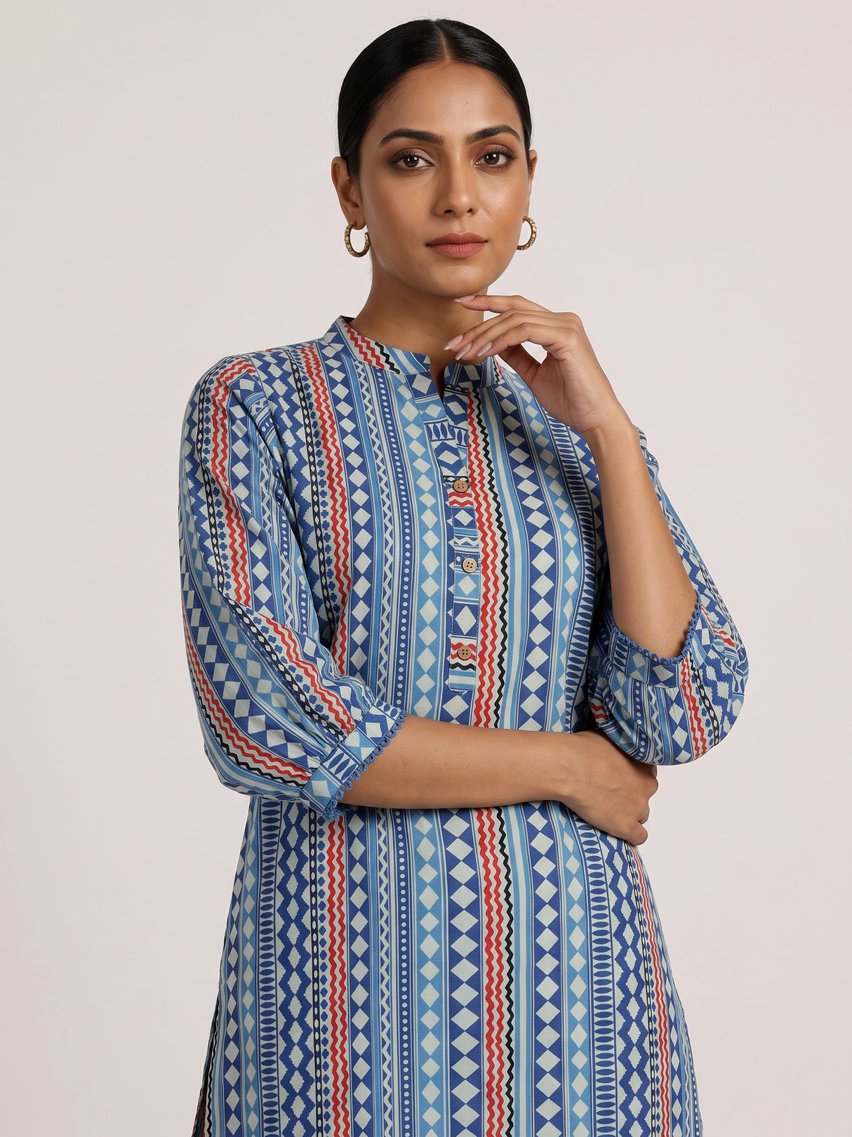 Blue silk blend palazzo kurti set with sophisticated printed design
