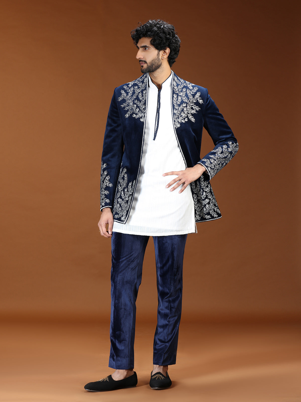 Blue botanical embroidered velvet mens indo western
