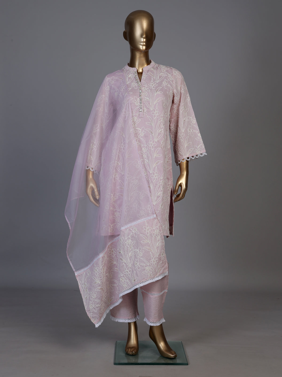 Pretty pink cotton blend kurti set with white threadwork