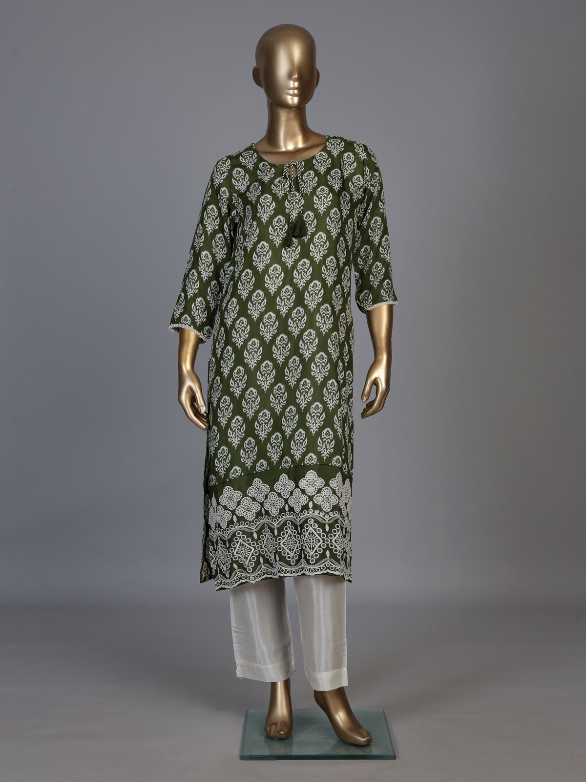 Graceful mehendi green silk kurti set with intricate cutwork