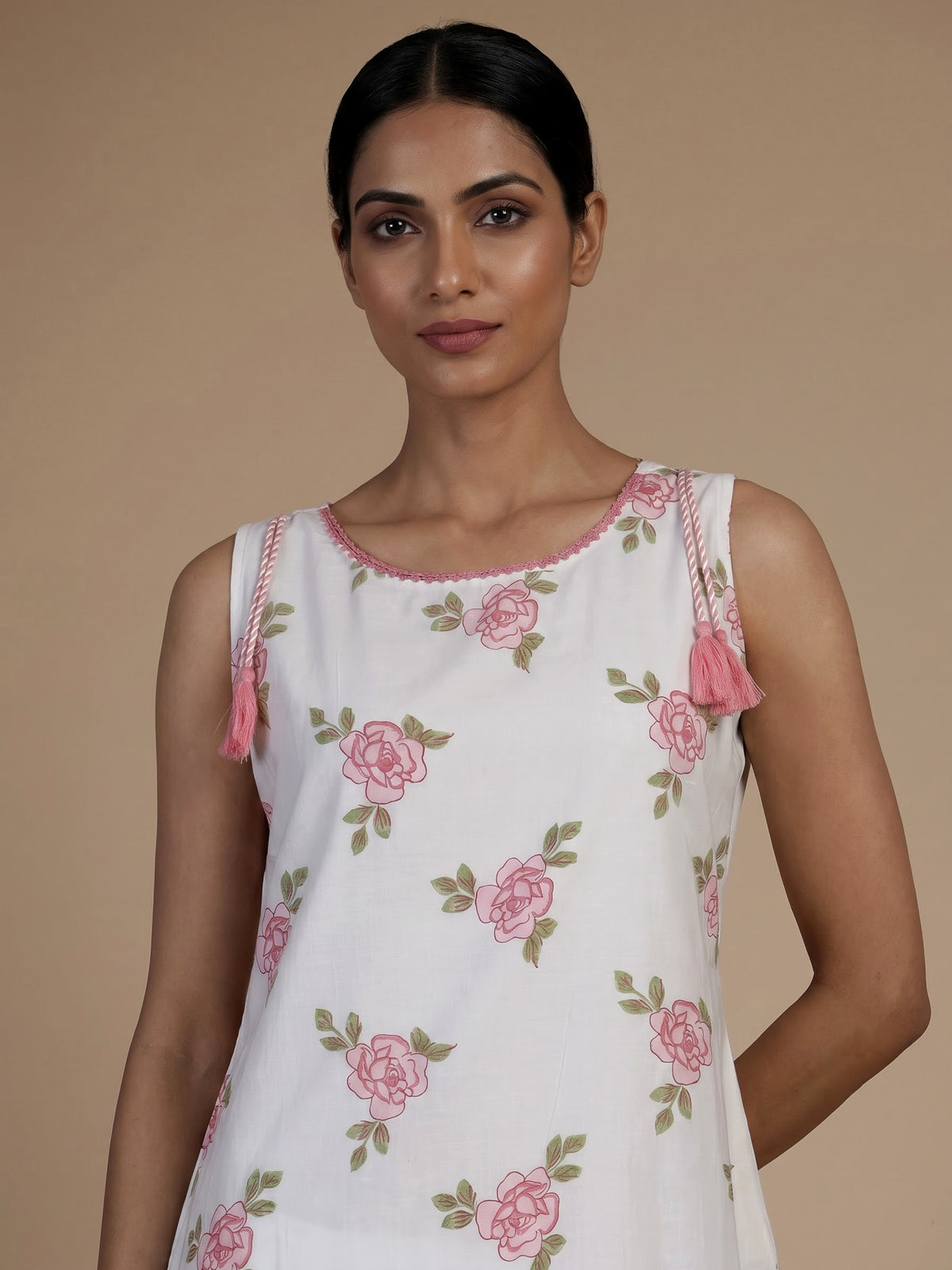 White cotton silk kurti set with pretty pink floral print