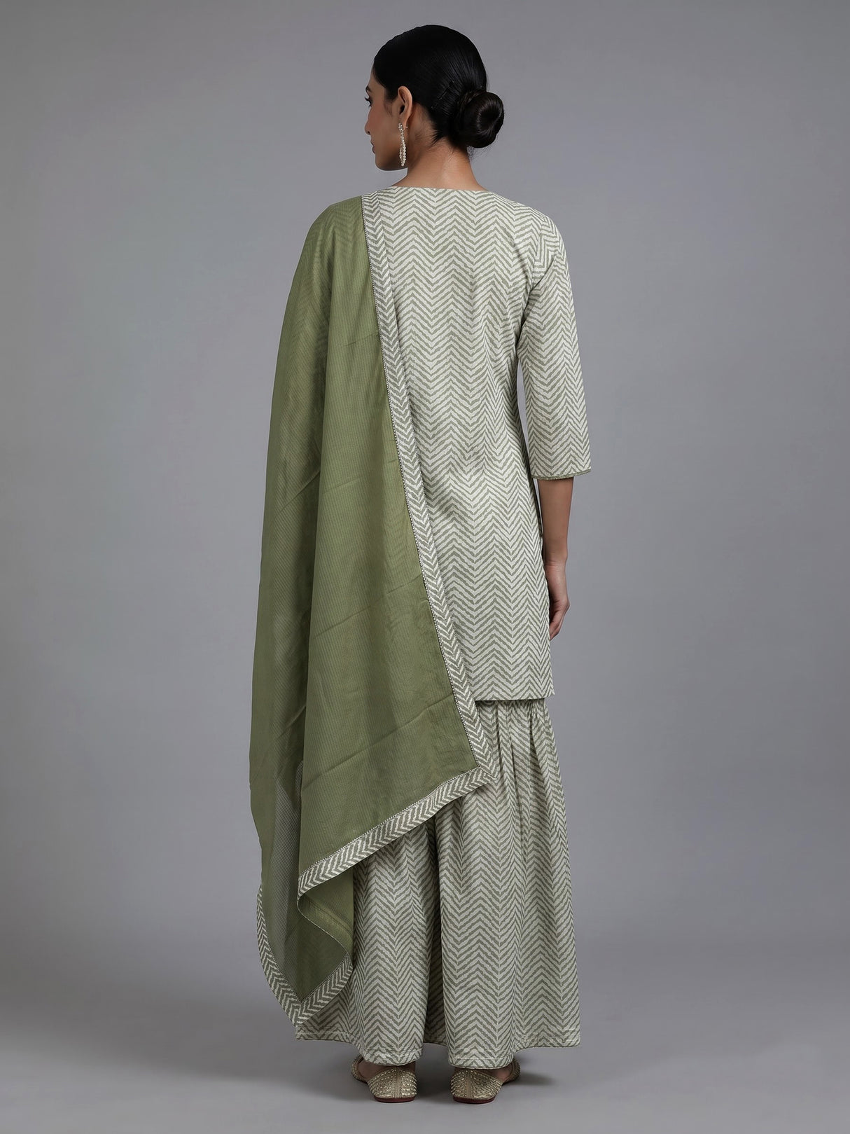 Mehendi green cotton silk kurti set with embellished sharara