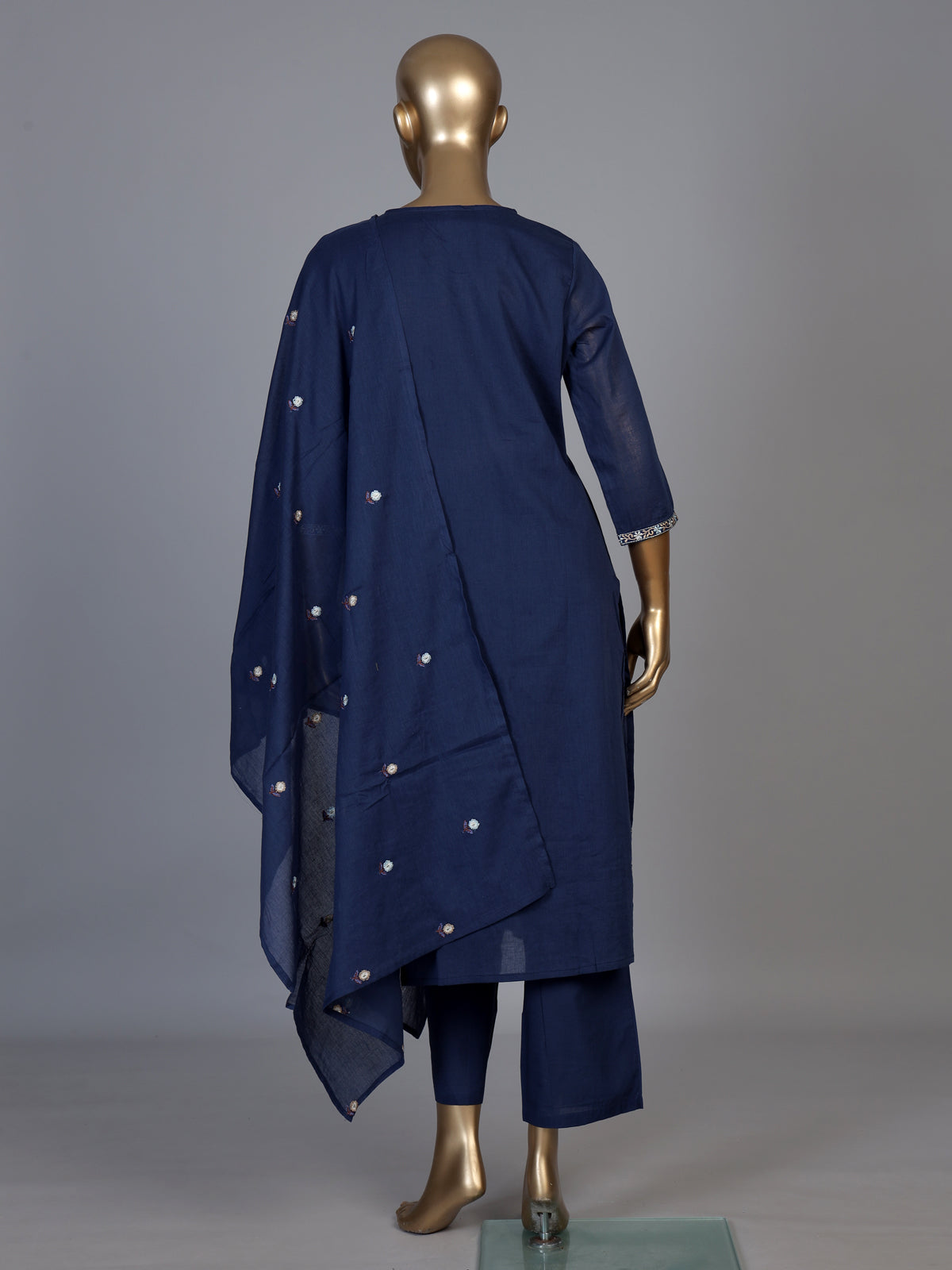 Navy blue cotton blend kurti set with floral embroidery