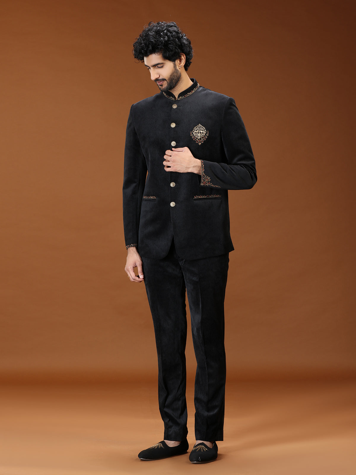 Black velvet royal animal crest mens Jodhpuri suit