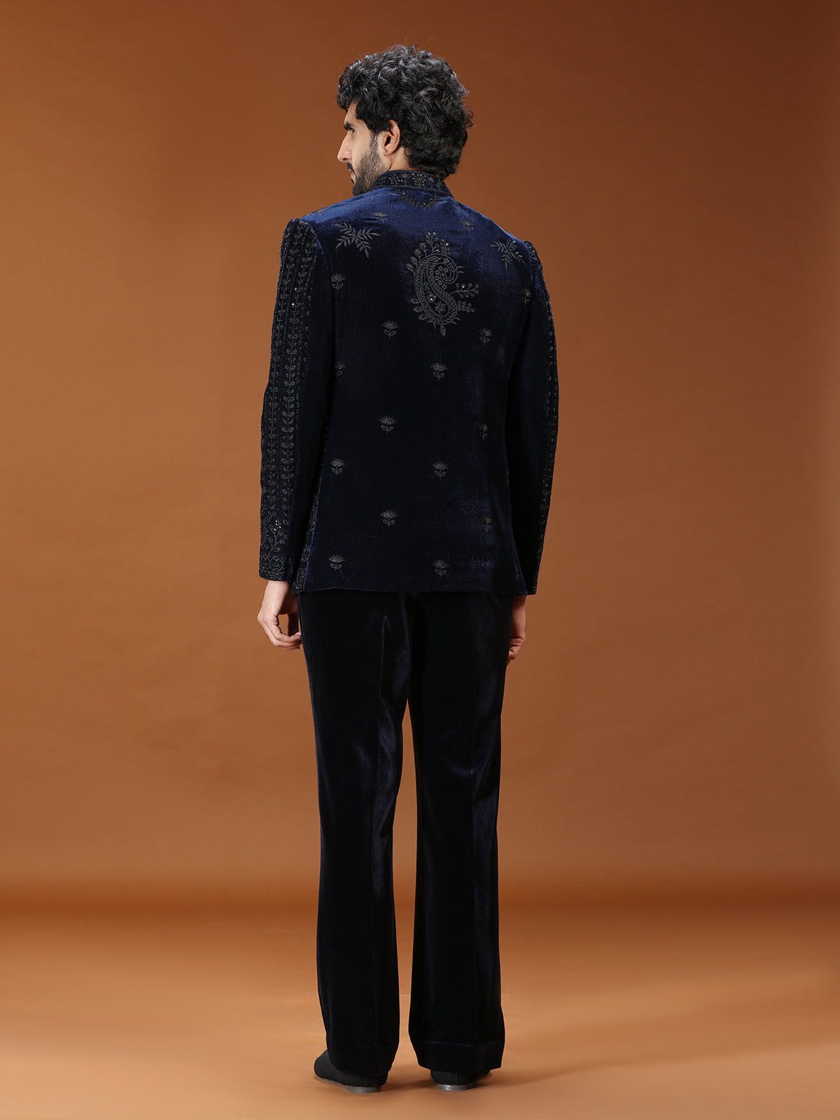 Elegant navy blue floral jodhpuri suit for mens