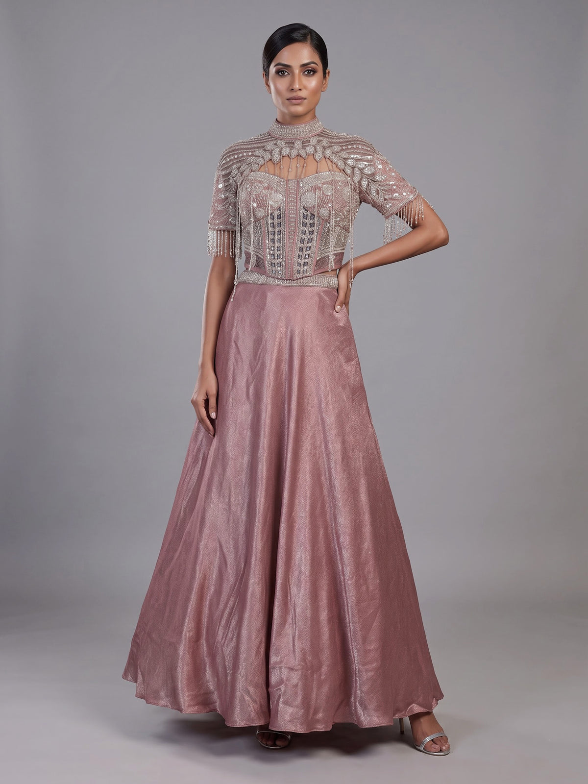 Chic onion pink chiffon tissue silk lehenga choli with embellishments