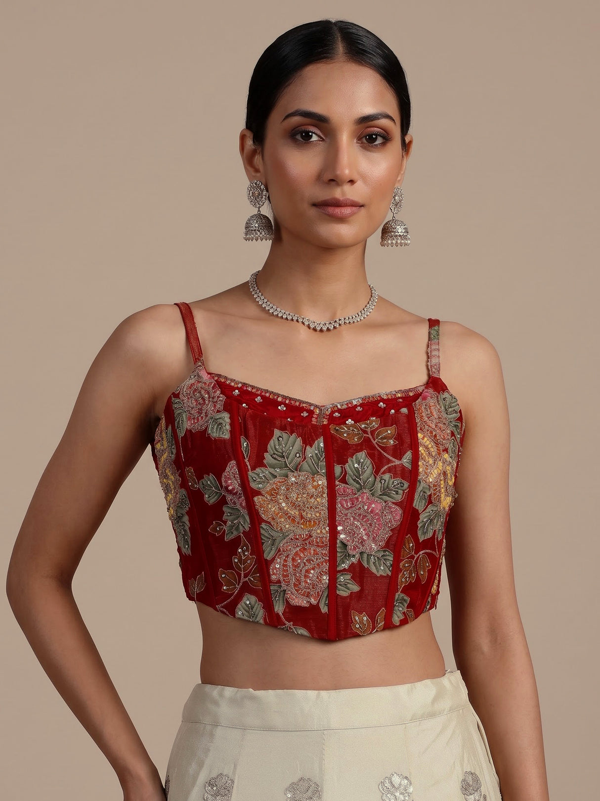Stunning red silk lehenga choli with resham and diamond embellishments