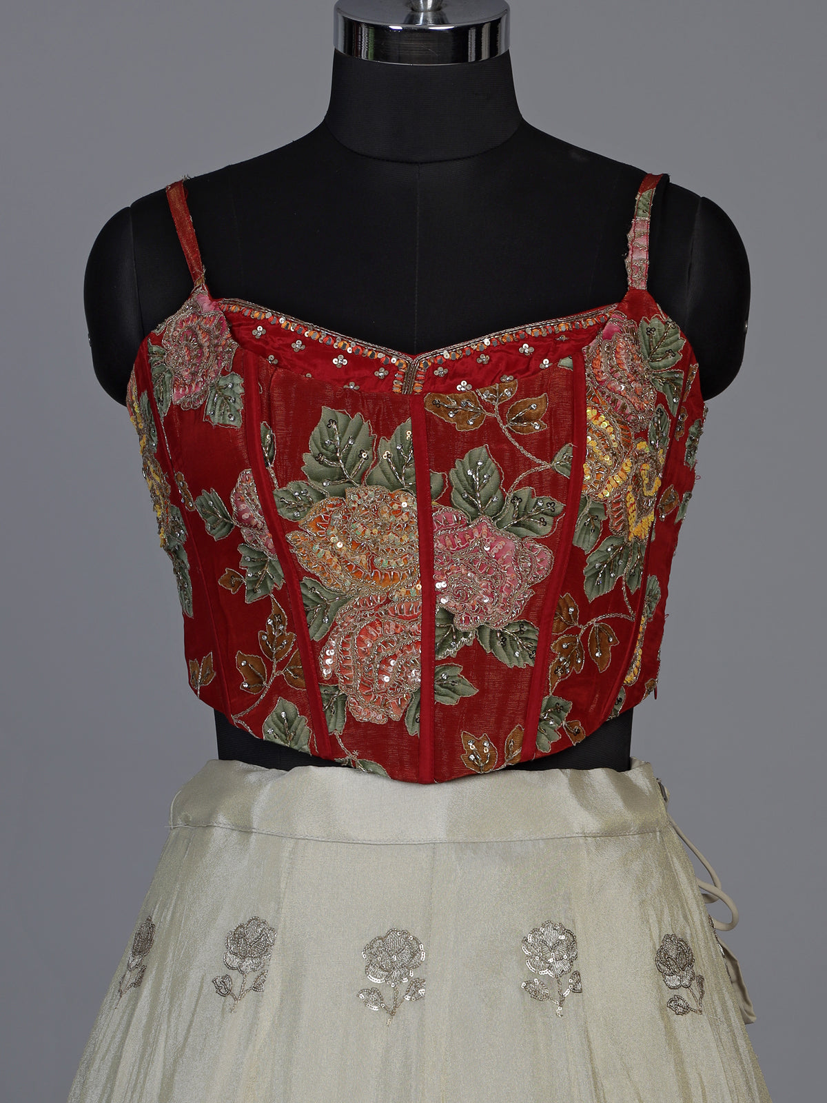 Stunning red silk lehenga choli with resham and diamond embellishments