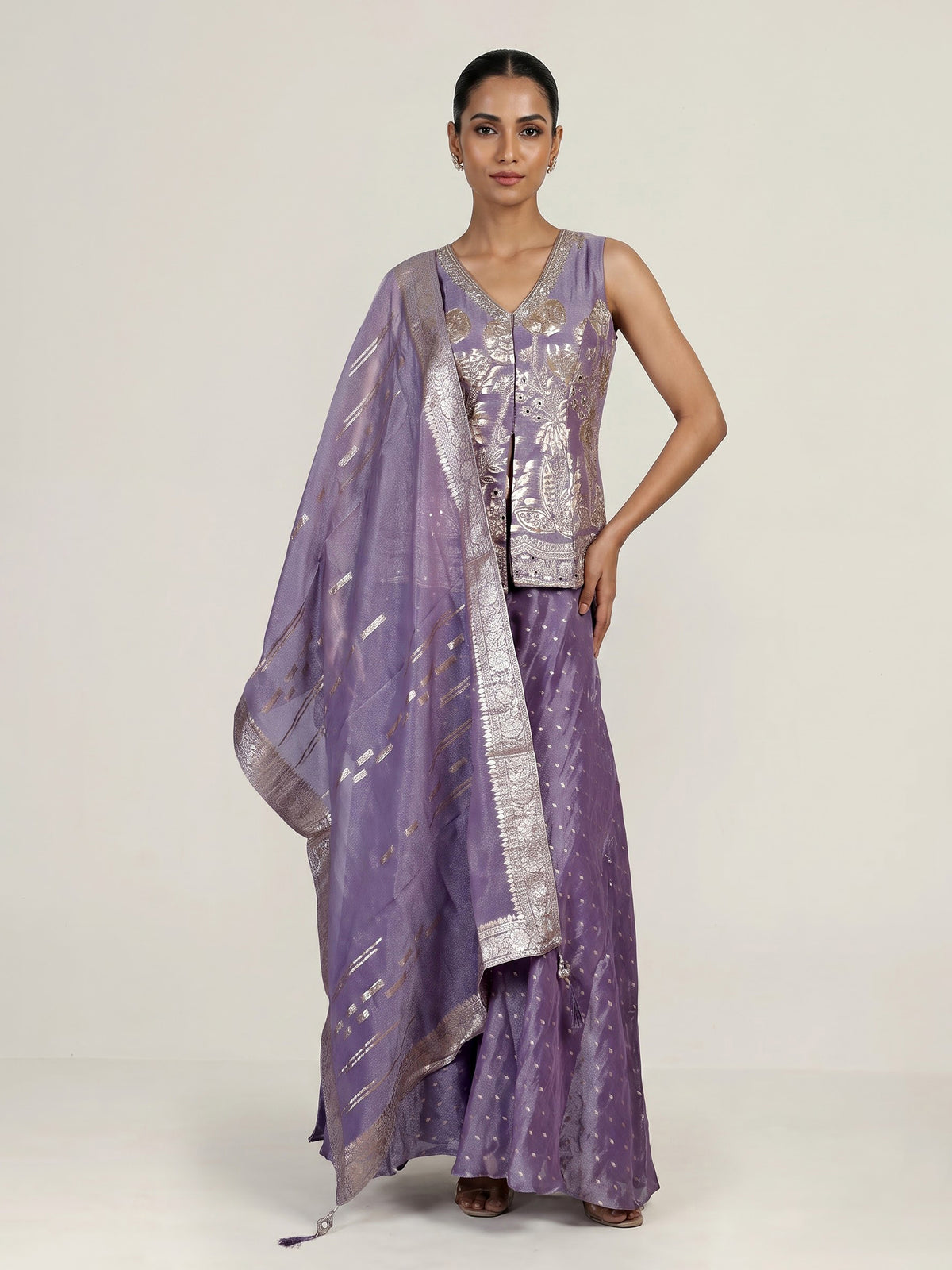 lavender purple shimmer georgette silk palazzo suit