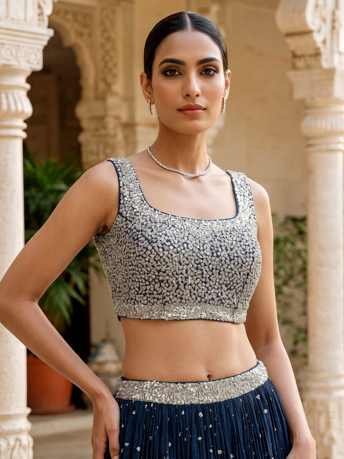 Teal blue crystal drape women lehenga choli