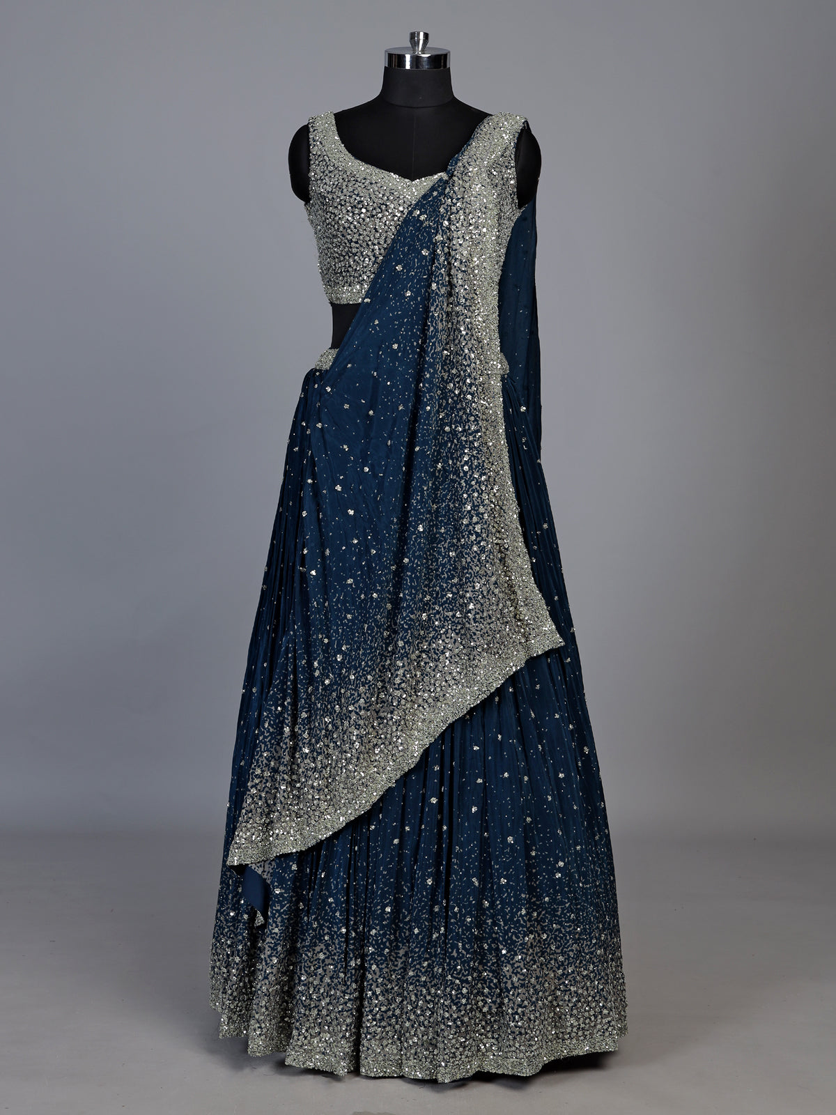 Teal blue crystal drape women lehenga choli