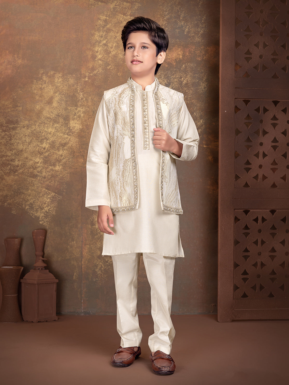 Cream botanical embroidered boys waistcoat set
